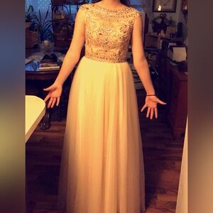 Cream prom dress.
